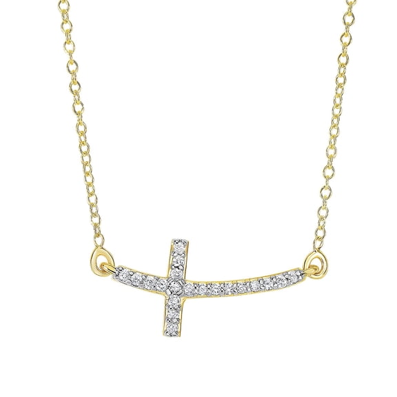 14K Yellow Gold 0.12ct Side Cross Necklace with Short Curved Side Way Cross 18"