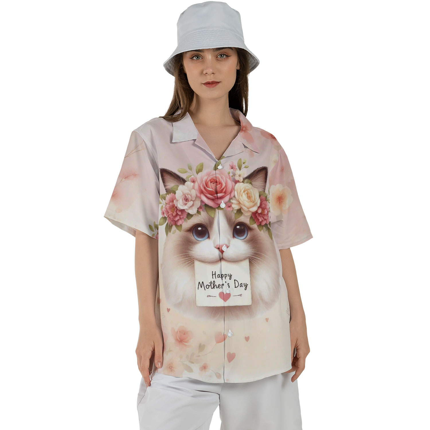 Happy Mother's Day Ragdoll with Flower Crown and Greeting Card Hawaiian Shirt Breathable Summer Unisex Merch Cat Lover Kitten Owner Gifts Idea - 13004