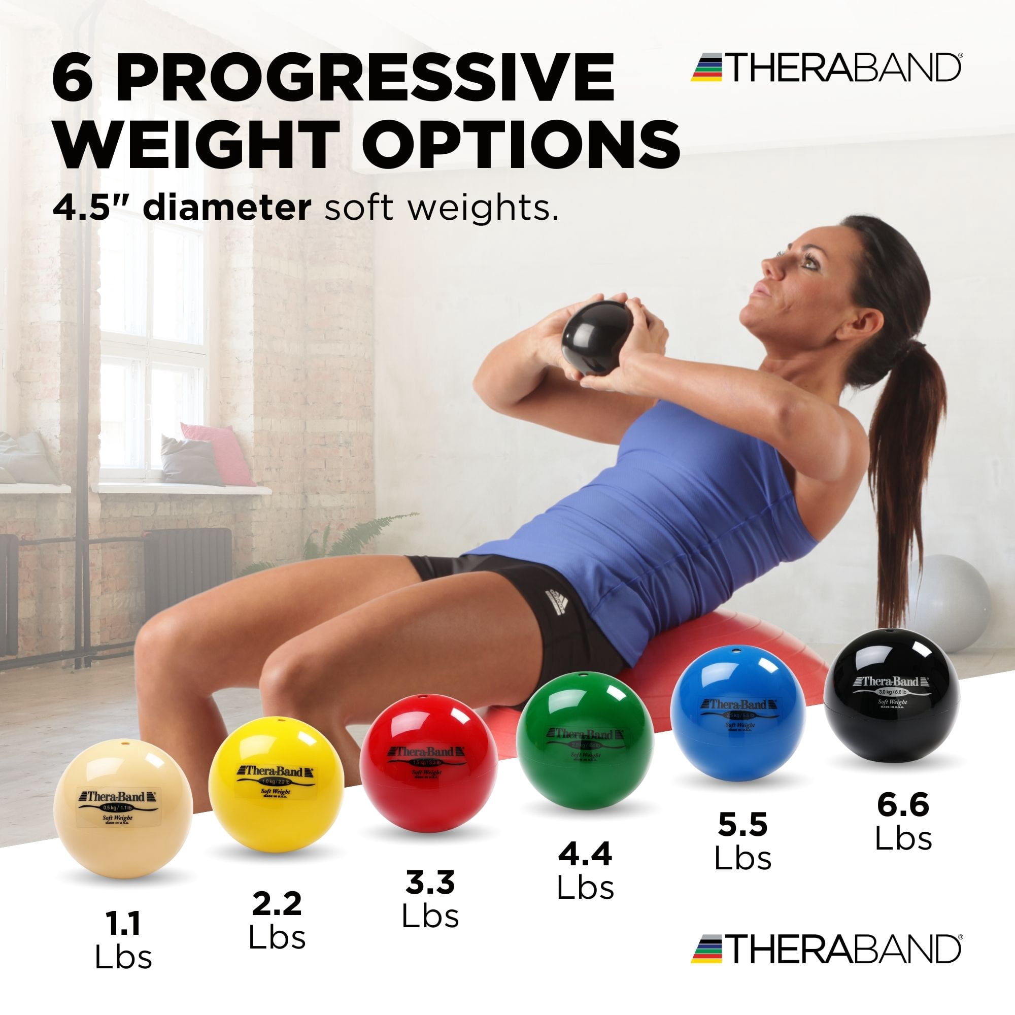 THERABAND Soft Weight 1.1 Lb, 4.5" Ball-Shaped Isotonic Exercise Balls for Physical Therapy, Weighted Ball Set for Pilates, Shoulder Strength & Rehab, Color-Coded, Portable & Easy to Grip