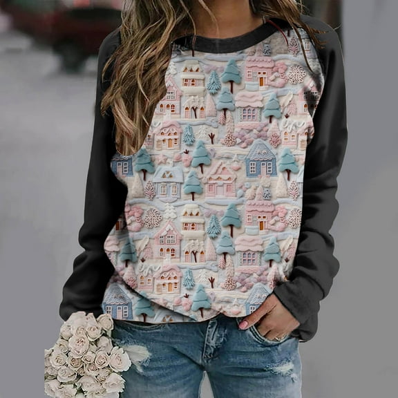 pimelu Christmas Sweater Women Christmas Sweatshirt Fashion Xmas Graphics Color Patchwork Long Sleeve Tops Ladies Loose Round Neck Pullover Shirts Blouse