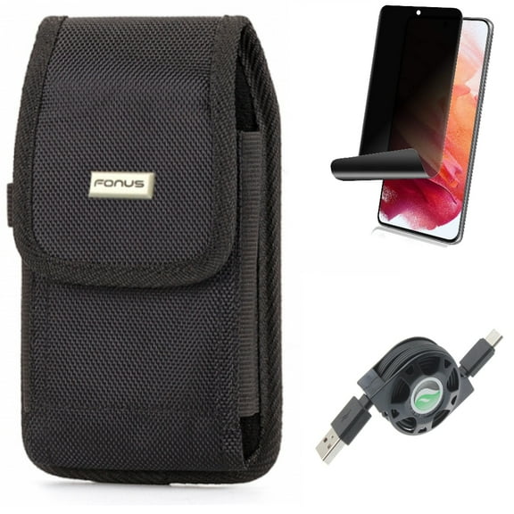Case Belt Clip w Privacy Screen Protector w USB Cable for Samsung Galaxy S21 Plus - Swivel Holster, TPU Film Fingerprint Works, Retractable Type-C Accessory Bundle