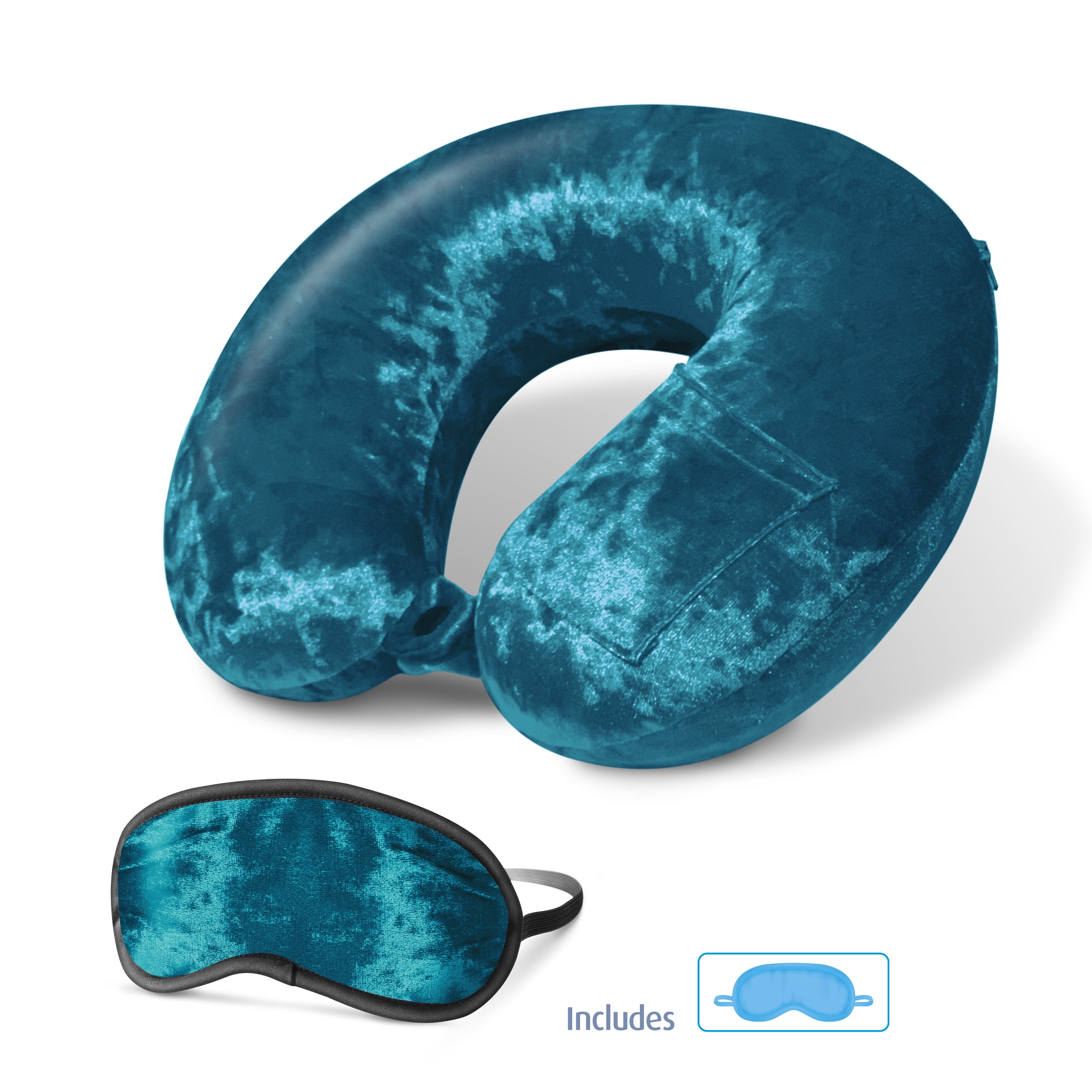 Cloudz Luxe Crushed Velvet Memory Foam Neck Pillow with Sleep Mask ...