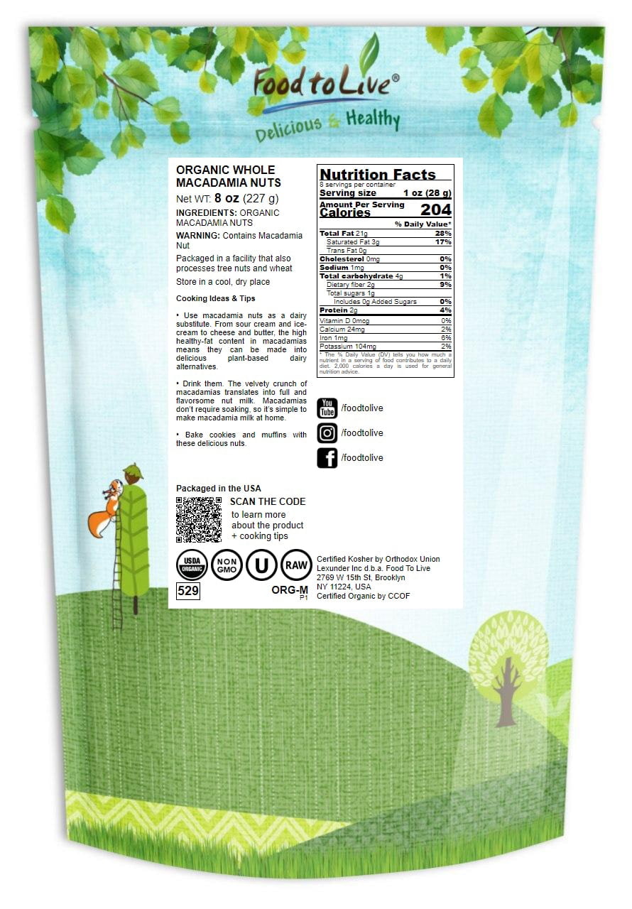 Organic Whole Macadamia Nuts, 0.5 Pounds - Non-GMO, Raw, Kosher, Vegan - by Food to Live