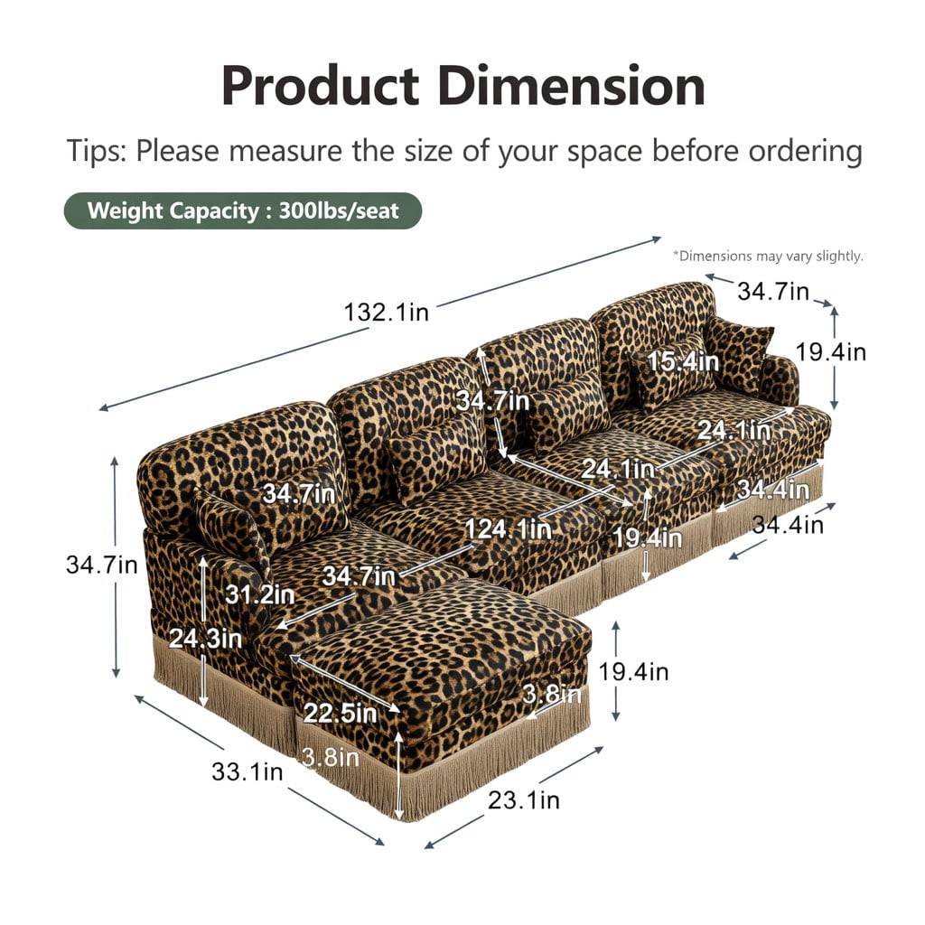 Hommoo 131" Modern Leopard Print Chenille L-Shaped Sofa Set with Movable Ottoman, Tassel Trim & Ergonomic Deep Seat, 4-Seat Modular Living Room Sofa, Green Black
