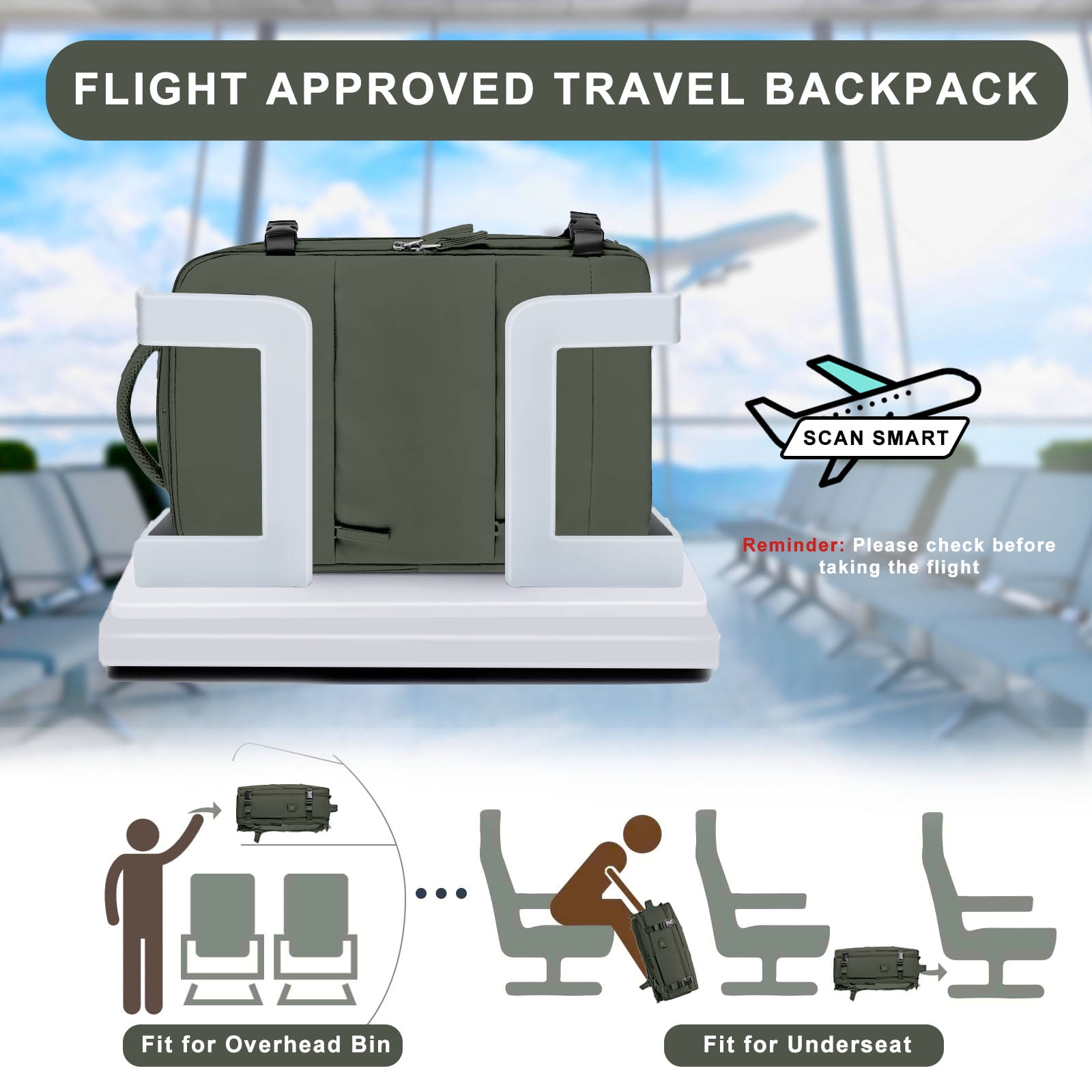 DAKIMOE Large Travel Backpack for Women Men Laptop Bag Airline Approved Carry On Backpacks Waterproof Anti Theft Gym Bags Hiking Flight Approved Luggage Casual Daypack, Large, Army Green