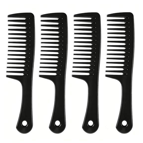 HKquanlin 4 Pack Wide Tooth Comb for Curly Hair, Black Detangling Hair Comb with Handle