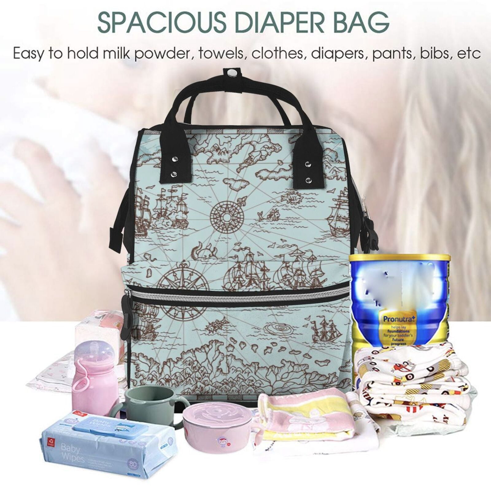 Ratiio Pirate Adventure Map Mummy Backpack - Waterproof Twill Canvas, Large Capacity Diaper Bag with Multiple Pockets and Adjustable Straps