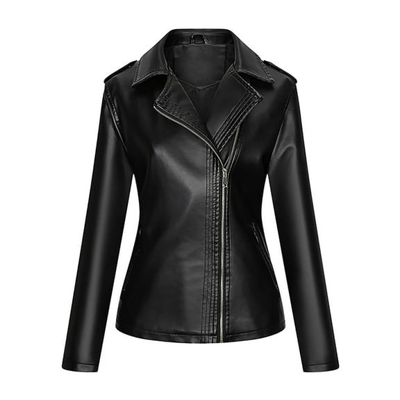IROINNID Women's Faux Leather Jacket Long Sleeve Solid Color Notch Lapel Outwear, Casual Leather Cardigan with Pocket Short Jacket