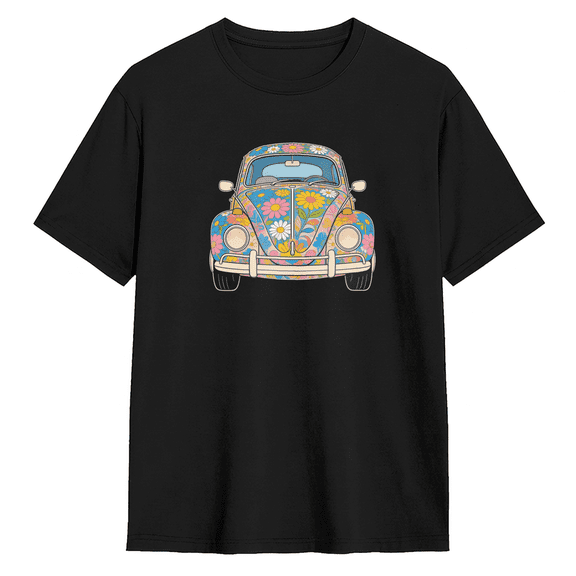 Floral Vintage Car Retro Graphic Tee for Men and Women, Humorous Road Trip Cotton Short Sleeves T-Shirt