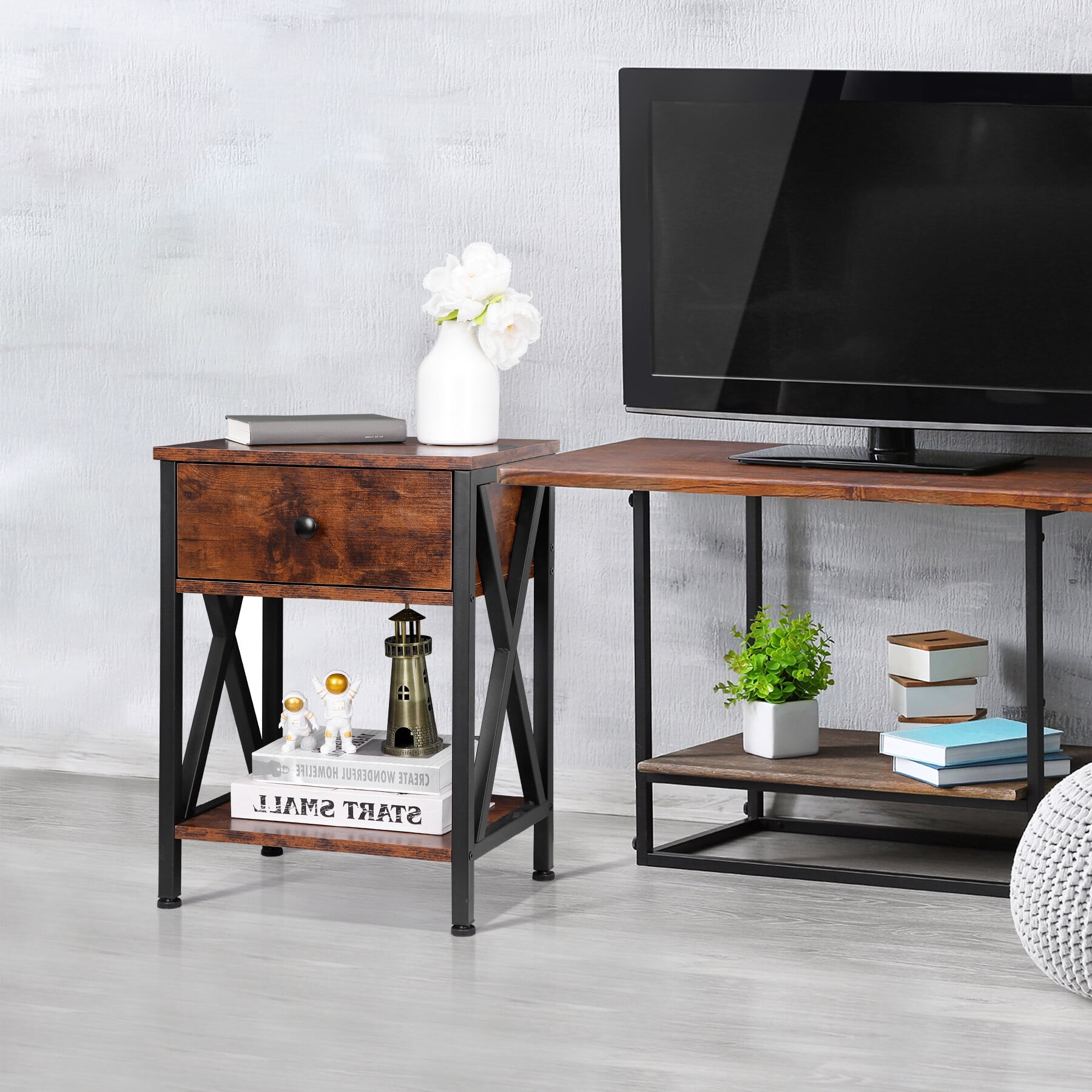 SuperDeal Set of 2 Chipboard End Tables W/Drawer Rectangle Iron Coating, Coffee Brown