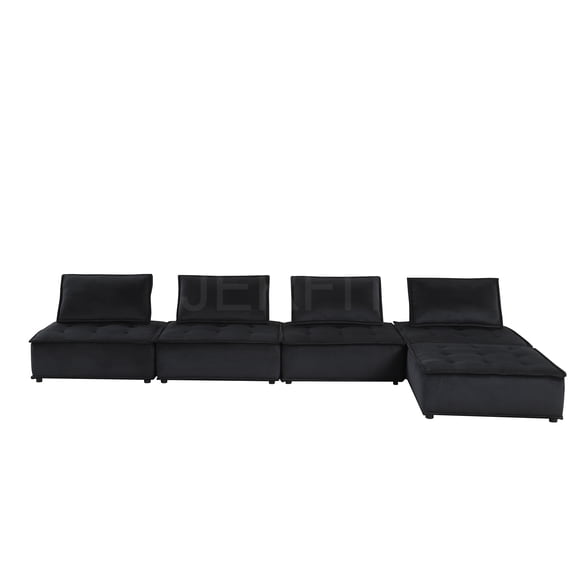JERFIT Modern 5-Piece Modular Sectional Sofa with Ottoman, Plush Black Velvet Upholstery, Deep Seating for Living Room