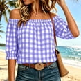 thumbnail image 5 of Setooff Womens Shirts, Gingham Off Shoulder Bubble Sleeve Shirts for Women, Elastic Ruffle Neck Loose Casual Summer Blouse, 5 of 7