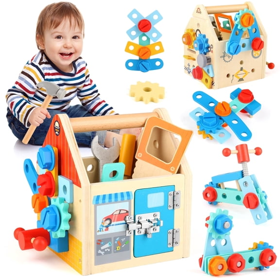 Huge Wave 33-Piece Wooden Tool Set for Kids, Educational Latch & Lock Playset with Storage Box, Pretend Play Construction Toy, Holiday Birthday Gift for Ages 3 Boys & Girls