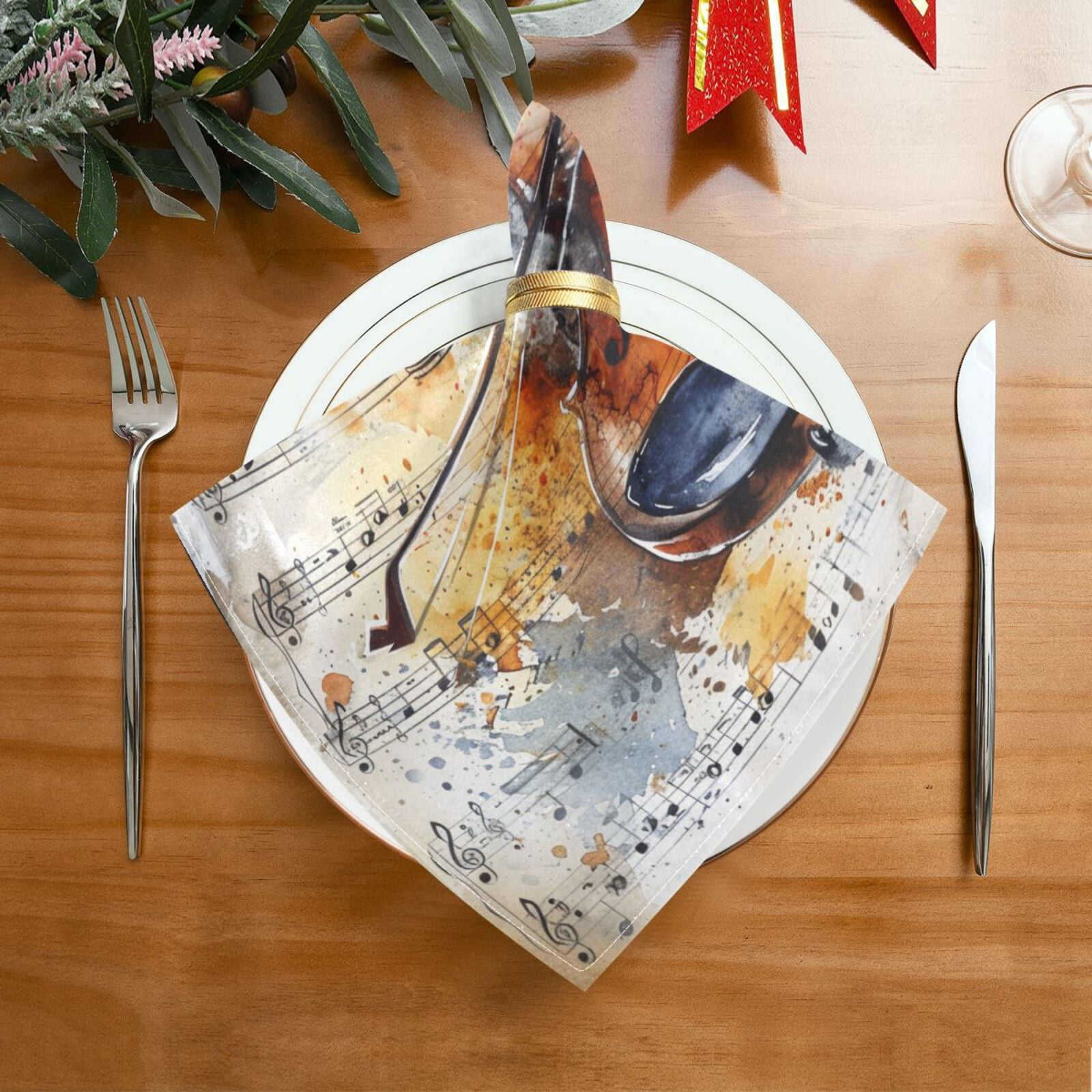 JSTEL Sheet Music Guitar Watercolour Cloth Napkins Set of 6, 20x20 Inch Washable and Reusable Napkin for Decoupage Dinner Party Everyday Use