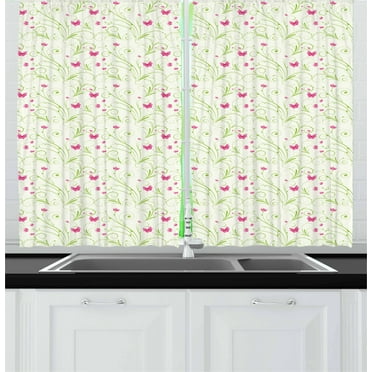 Ambesonne Floral Kitchen Curtains, Curvy Stems Petals Bloom, 55"x39", Apple Green White