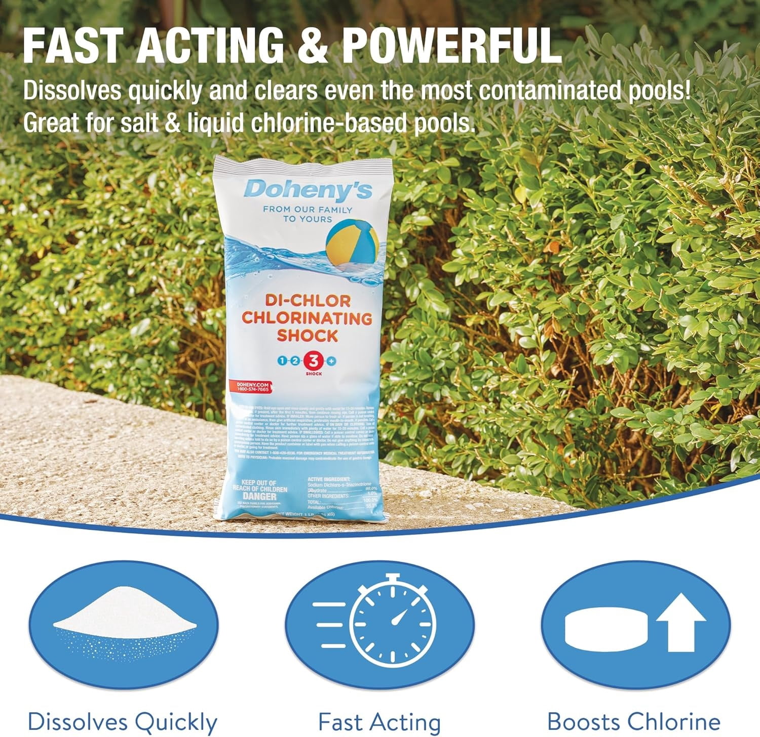 Doheny’s Stabilized Chlorine Pool Shock for Swimming Pools, Fast-Dissolving Di-Chlor Granular Treatment, 56% Available Chlorine, 6 x 1 lb Bags (6 lb Total)