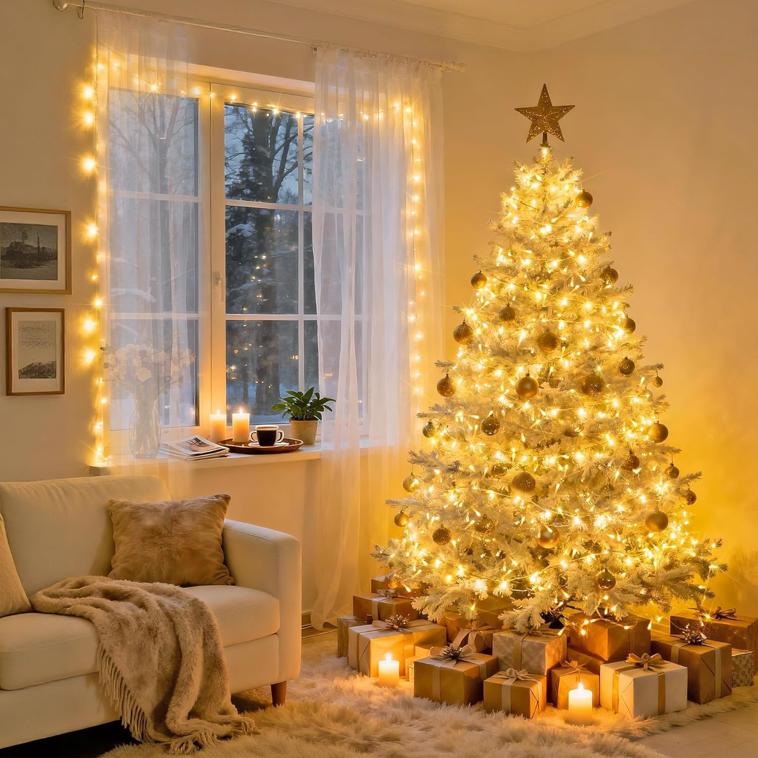 JMEXSUSS 168FT 600 LED Christmas Lights Outdoor Waterproof 8 Modes Indoor Christmas String Lights Warm White Christmas Tree Lights Plug in for Room Bedroom Wedding Party Holiday Decorations.