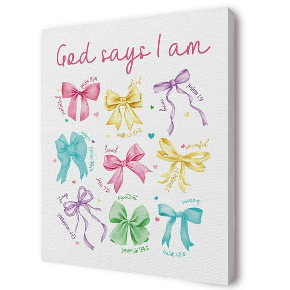 God Says I Am Christian Canvas Wall Art poster Coquette Girly Room Decor, Colorful Coquette Bow Religious Bible Verse Wall Art Prints Decor for Girls Bedroom Dorm poster
