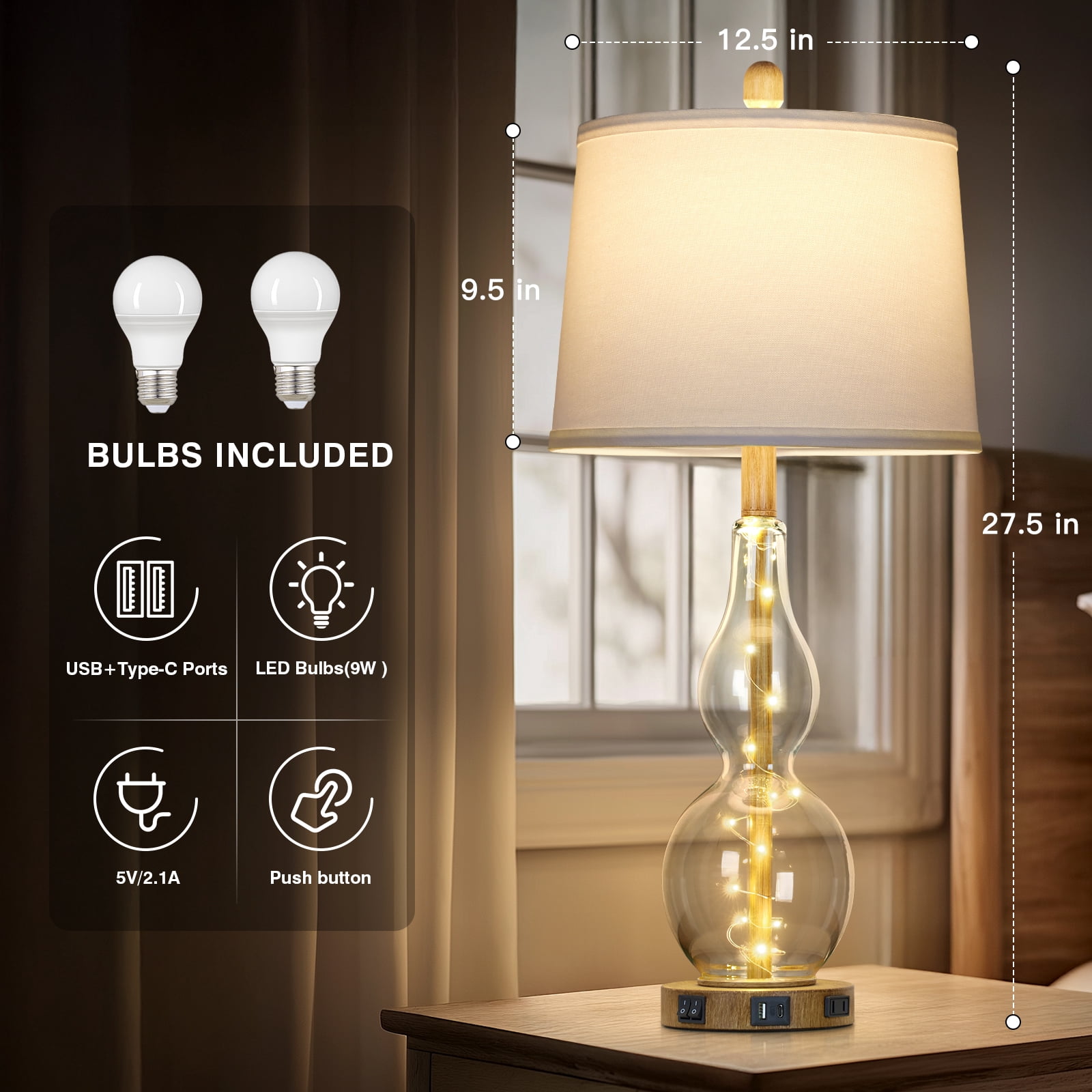 Lolikit Table Lamps Set of 2, Modern Nightstand Bedside Lamp for Bedroom Living Room with USB C+A Ports & AC outlet,Bulbs Included