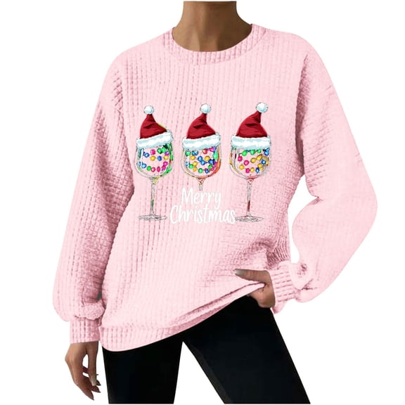 asdoklhq Christmas Winter Sweaters for Women's Fashion Loose Casual Christmas Printed Round Neck Long Sleeve Hoodless Sweatshirt Pink M