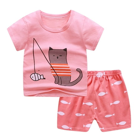 

YWDJ 1-5Year Boys Outfit Sets Toddler Cartoon Print Pattern Short Sleeve Clothes Summer Two-piece Sute Pink 110