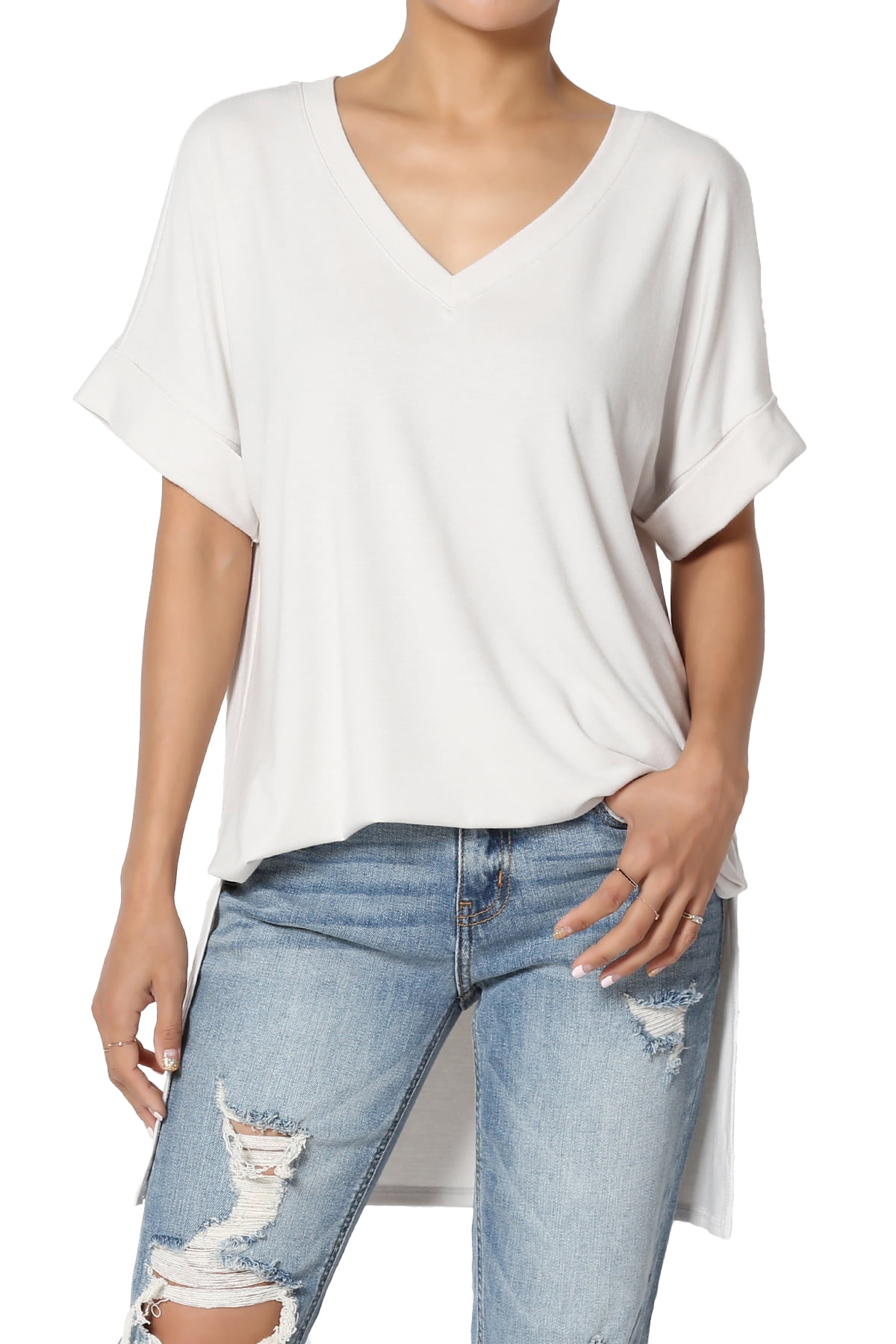 TheMogan S~3X Casual V-Neck Rolled Short Sleeve Hi-Low Side Slit Tunic Top Tee TheMogan S~3X Casual V-Neck Rolled Short Sleeve Hi-Low Side Slit Tunic Top Tee