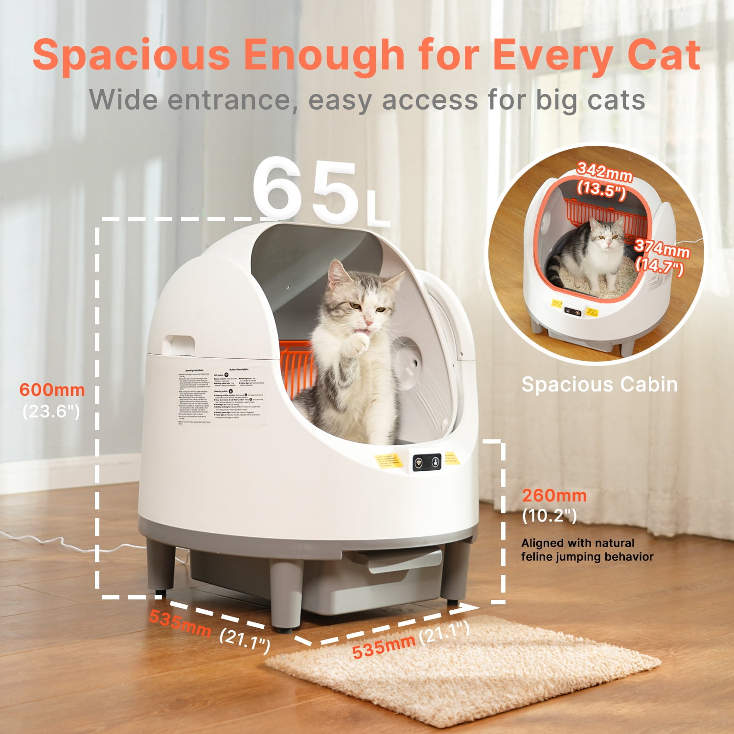 Open-Top Automatic Cat Litter Box Self Cleaning with Liners and Mat Included, White
