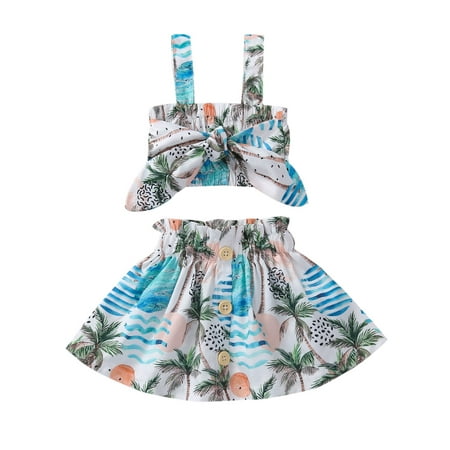 

Canrulo Lovely Girl Summer Clothes Set Fresh Plant Printing Bowknot Suspender Tops and Button A-line Skirts Blue 18-24 Months