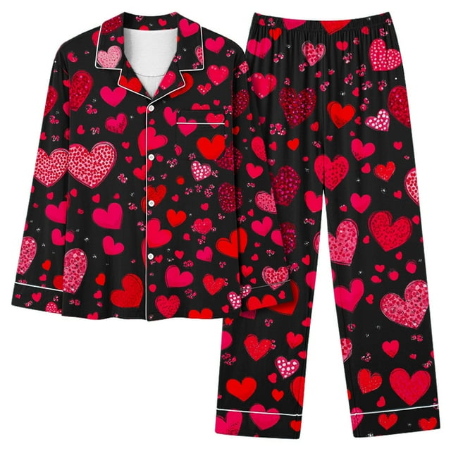TIMIFIS Pyjamas de la Saint-Valentin pour Femmes Ensembles de Pyjamas pour Dames Décontractés à Manches Longues Mignon Imprimé Cœur Chemise Boutonnée Décontractée Hauts avec Pantalon Long Ensembles de Pjs