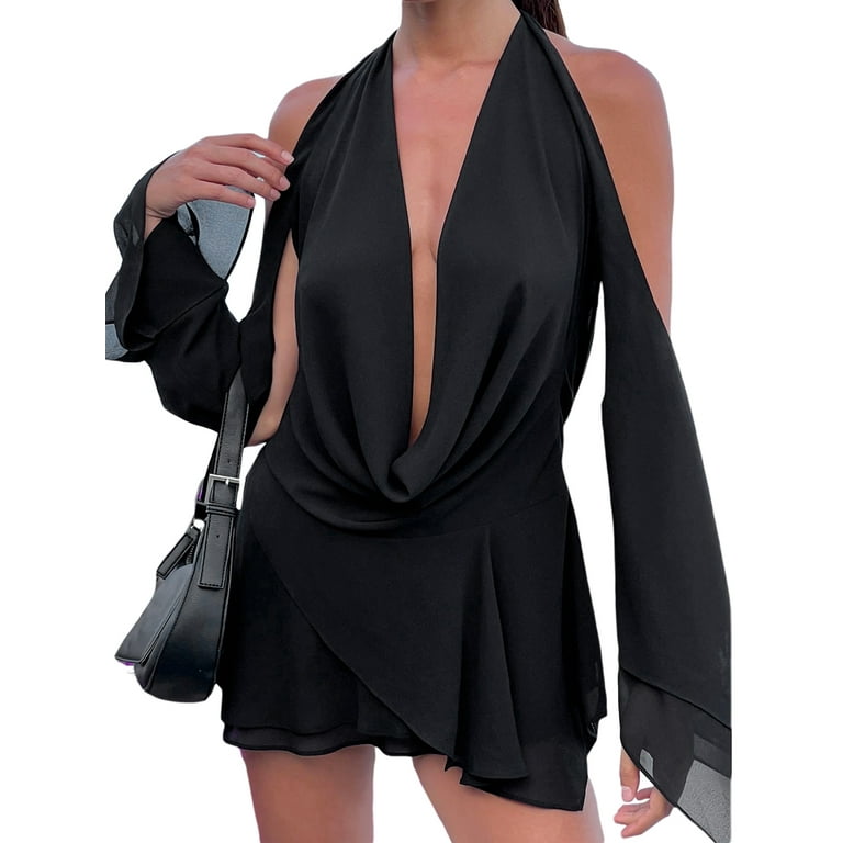 Halter Neck Mini Dress for Women Deep V Plunging Cowl Neckline Short Dress Cold Shoulder Sleeves Ruffle Going Out Dress Walmart