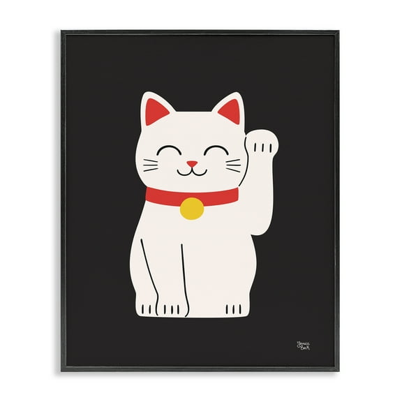 Stupell Industries Maneki Neko Lucky Cat Animals Painting Black Framed Art Print Wall Art, 11 x 14