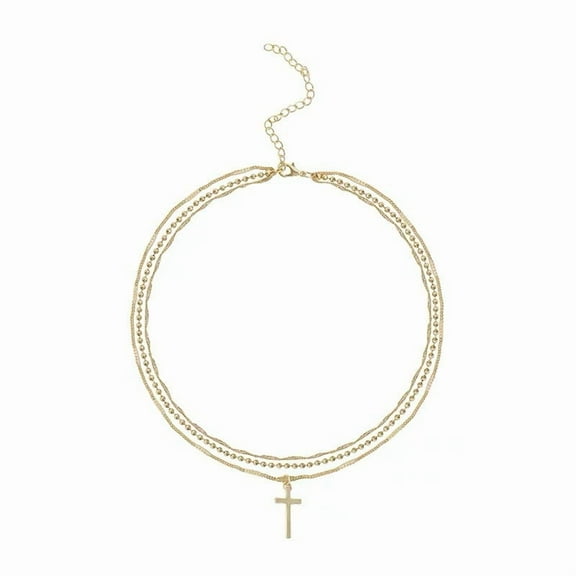 Crystal Cross Pendant Necklace for Women Gold Tone Multilayer Necklace 3 Layered Chain Costume Jewelry