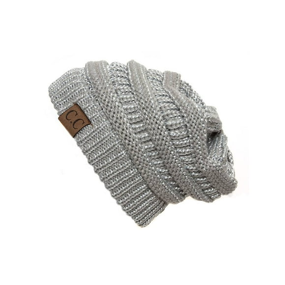 Metallic Silver Thick Knit Soft Stretch Beanie Cap