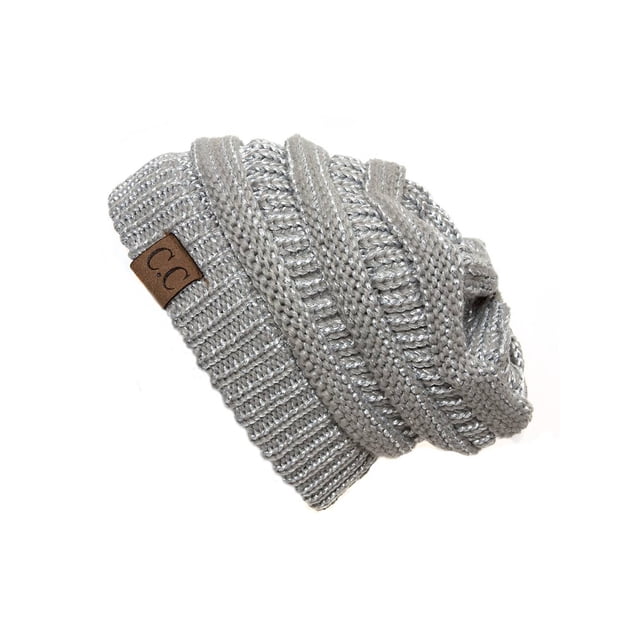 Metallic Silver Thick Knit Soft Stretch Beanie Cap