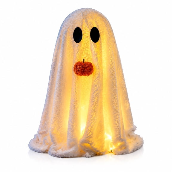 Halloween Outdoor Decorations - 2 Pack Light-Up Sherpa Ghosts Ornament with Pumpkin, Cute Illuminated Ghost Decorative for Home Holiday Party