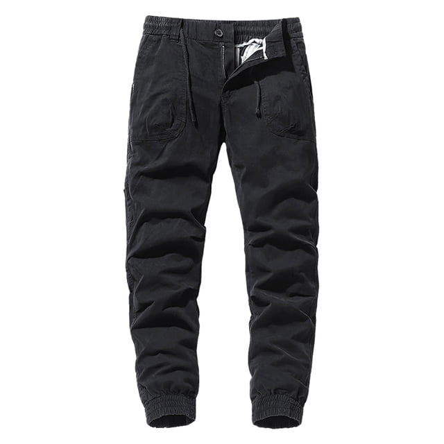 Rovga Men'S Pants Male Summer Solid Color Cargo Pants With Multi Pocket Sweatpant Black Relax Fit Slacks 34