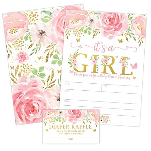 It's a Girl Floral Butterfly Baby Shower Invitation Pink and Gold Flowers Sprinkle Invites with Diaper Raffle Ticket Cards 20 Count with Envelopes