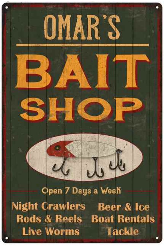 OMAR'S Green Bait Shop Man Cave Wall Decor Gift 8x12 Metal 208120027343