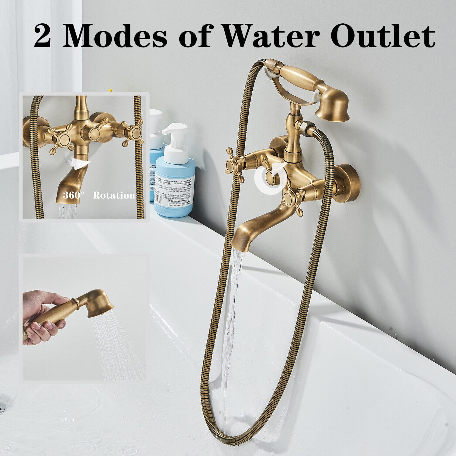 Antique Brass Clawfoot Bathtub Faucet with Hand Sprayer Dual Cross Tub Filler