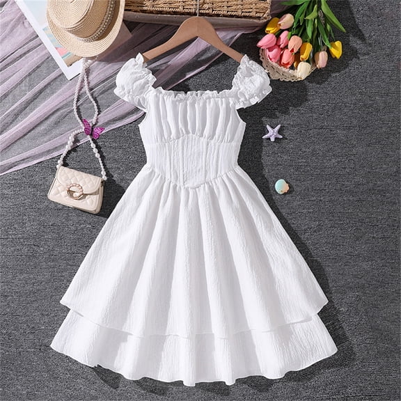 FAOWME Children Kids Girls Summer Dress Short Sleeve Ruffles Solid Color Comfortable Fashion Dresses For Daily Wear And Party,White,7-8 Years