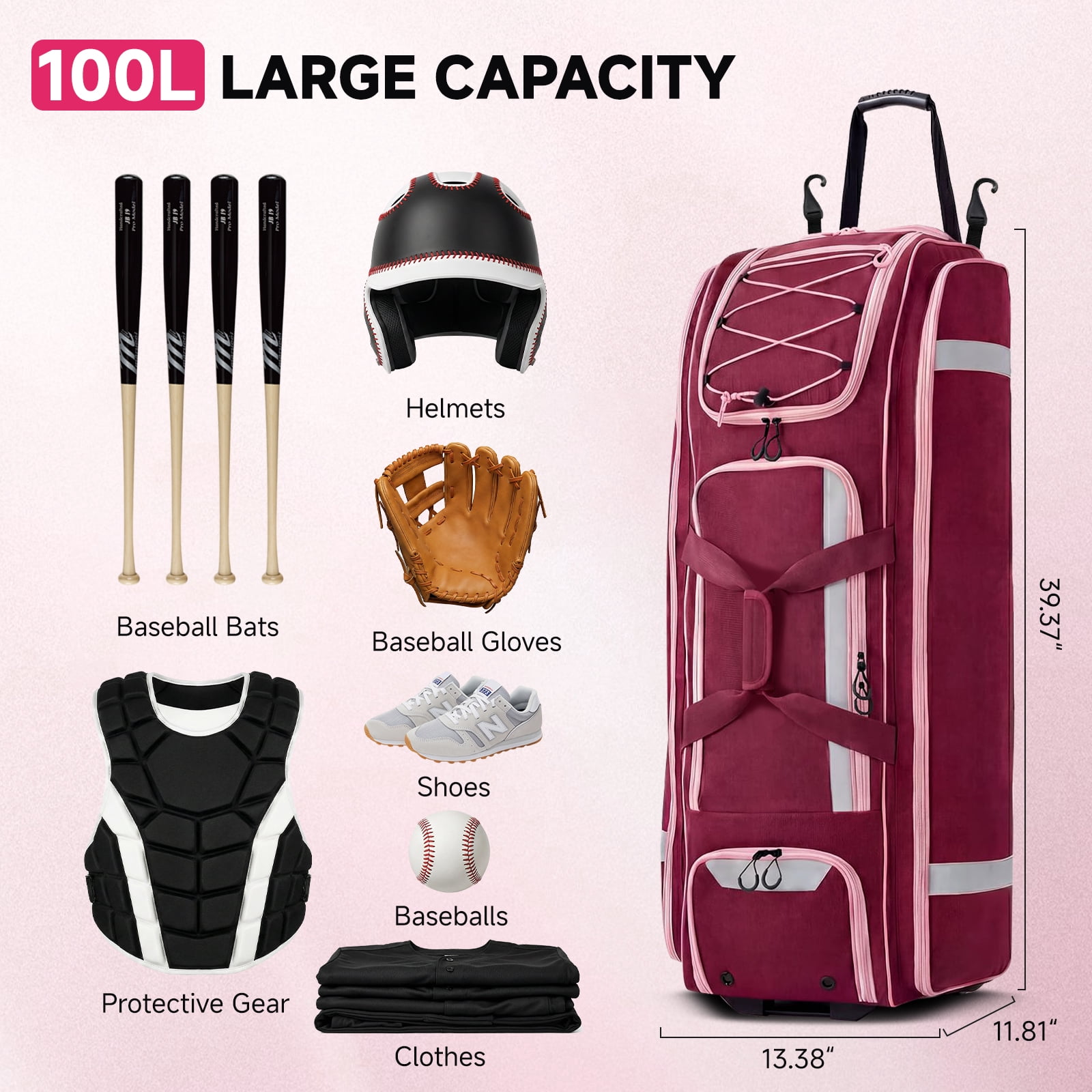 Fegat Rolling Baseball Bag with Wheels,100L Large Softball Bag Catchers Gear Bags for 8 Bats,Equipment Bag with 5 Fence Hooks,Reflective Strip,Shoe Compartment,Holds All Softball Baseball Equipment