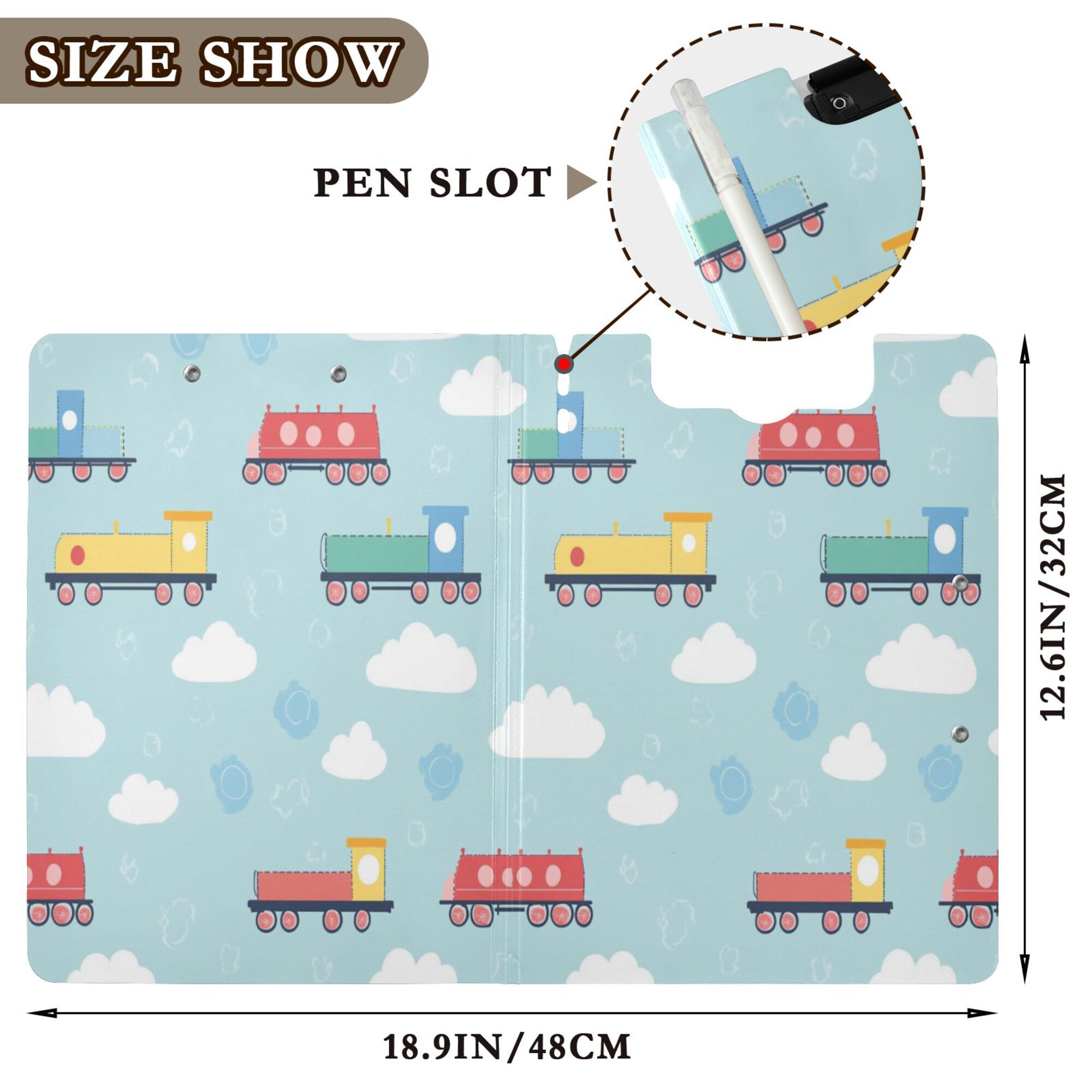 FORMRS A4 Clipboard Folder with Pen Holder Horizontal Foldable School Office Binder, Blue Trains Pattern