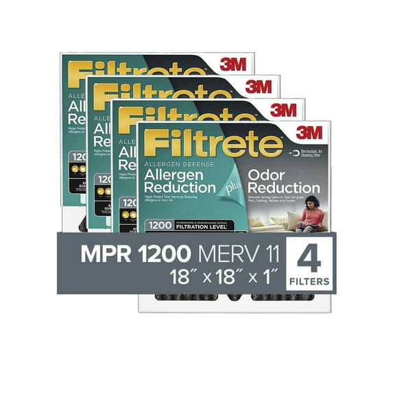 Filtrete 18x18x1 Air Filter, MPR 1200 MERV 11, Allergen Plus Odor Reduction, 4 Filters