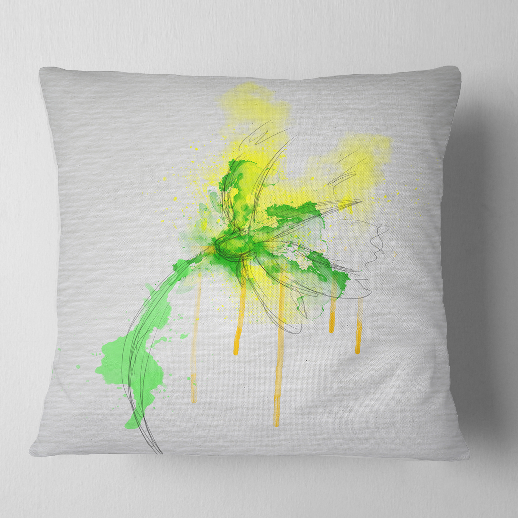 Designart Beautiful Yellow Green Flower Sketch - Floral Throw Pillow - 16x16