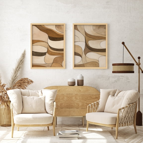 Framed Print Wall Art Set of 2 - Neutral Abstract Colorblocks Poster Art - 2 Pieces Minimalist Mid-Century Modern Wall Decor for Living Room - 12"x16"x2 Natural