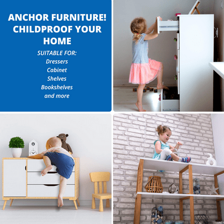 10 Pack Furniture Wall Anchor Straps for Baby Proofing | Heavy Duty Anti Tip Kit - Nylon 6T Material with Brackets