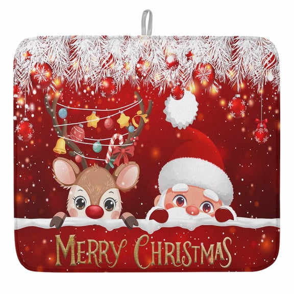 Red Merry Christmas Dish Drying Mat, Peeking Santa Claus Deer Xmas Balls Absorbent Dish Drying Matt Pad for Kitchen Countertops,Sinks,Dish Drainer Racks, Small 16x18inx1PC,,