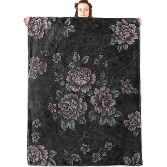 Vintage Floral Flannel Blanket,Elegant Dark Botanical Throw with Purple Peony and Textured Black Background,Lightweight Fleece Blankets for Adults,Couch,Cabin,Bed,Camping Decor Gifts,80*60in