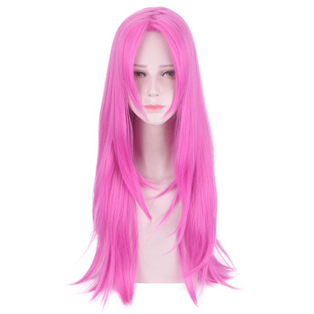 Peluca para cosplay de 70 cm de largo, pelo liso con capas de color rosa intenso