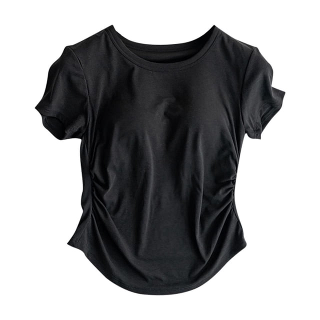 JGGSPWM T-Shirts d'Été pour Femmes Col Rond Manches Courtes Plissés Raccourcis avec Coussin de Poitrine Mode Unie Blouses d'Entraînement Noir L
